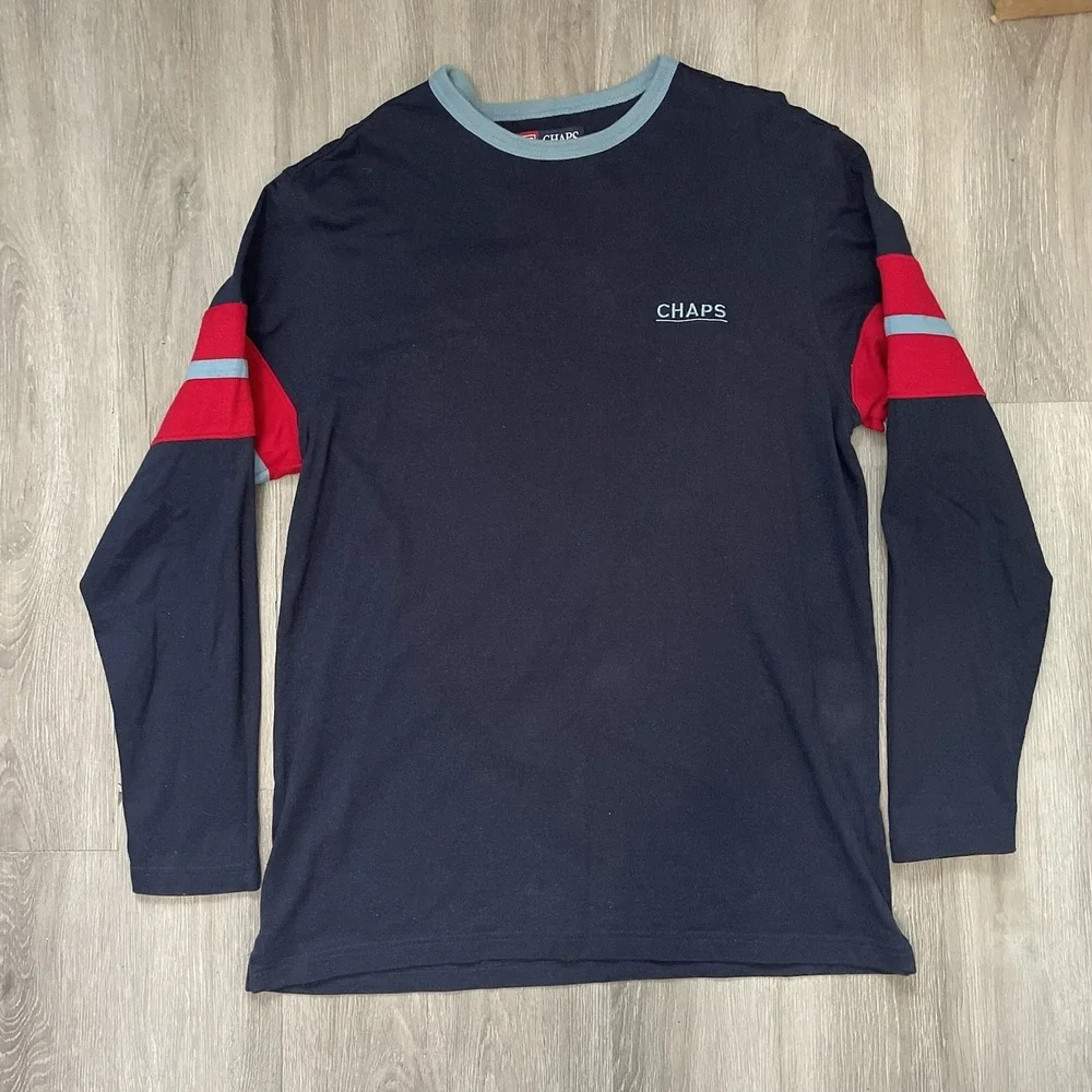 Vtg Chaps Ralph Lauren Shirt Mens L  Stripe Long Sleeve Rugby Navy Red Blue